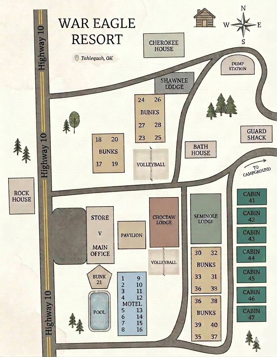 Illustrated map of War Eagle Resort showing Highway 10, the main office and store, pool, pavilion, bath house, guard shack, dump station, motel rooms 1-16, bunk houses 17-40, cabins 41-47, Rock House, Cherokee House, and the Shawnee, Choctaw, and Seminole lodges