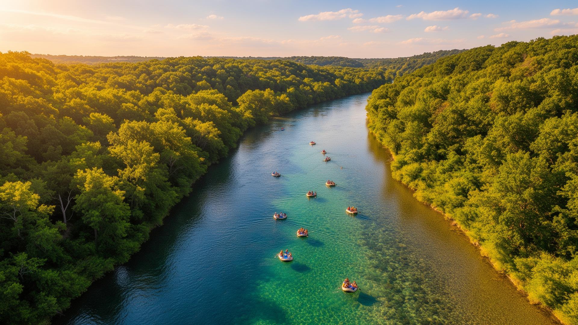 Aerial view of the Illinois River with rafters floating through green hills
